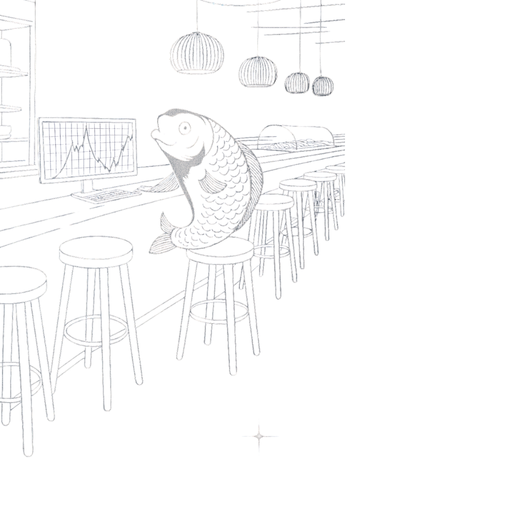 Illustrazione grafica di una carpa futuristica in stile tech
